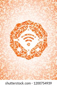 wifi signal icon inside abstract orange mosaic emblem with background