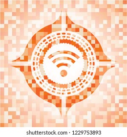 wifi signal icon inside abstract emblem, orange mosaic background