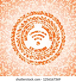 wifi signal icon inside abstract orange mosaic emblem with background