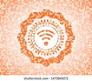 wifi signal icon inside abstract emblem, orange mosaic background