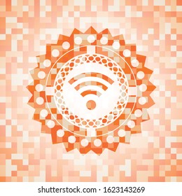 wifi signal icon inside abstract orange mosaic emblem with background