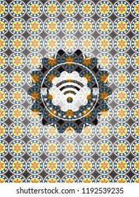 wifi signal icon inside arabesque style emblem. arabic decoration.