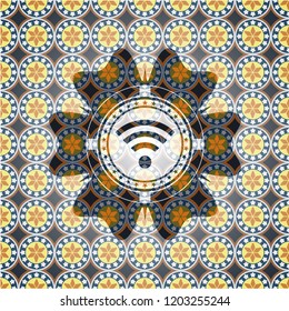 wifi signal icon inside arabesque emblem. arabic decoration.