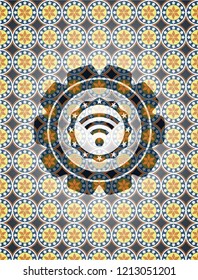 wifi signal icon inside arabesque emblem background. arabic decoration.