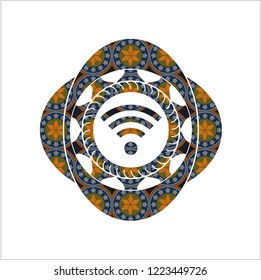 wifi signal icon inside arabesque badge background. arabic decoration.