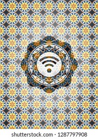 wifi signal icon inside arabesque style emblem. arabic decoration.