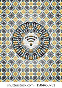 wifi signal icon inside arabesque style badge. arabic decoration.