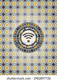wifi signal icon inside arabesque emblem background. arabic decoration. 
