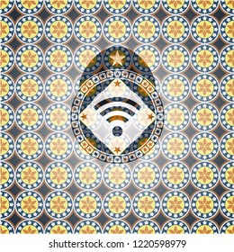 wifi signal icon inside arabic style badge. Arabesque decoration.