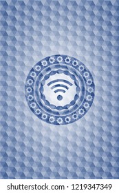 wifi signal icon inside blue badge with geometric pattern background.