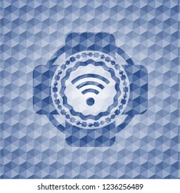wifi signal icon inside blue badge with geometric pattern background.