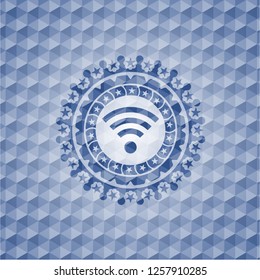 wifi signal icon inside blue hexagon emblem.