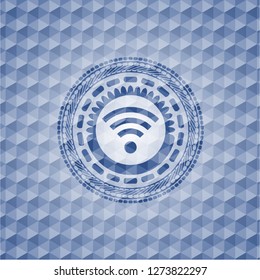 wifi signal icon inside blue badge with geometric pattern background.