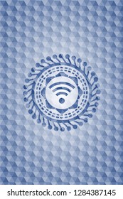 wifi signal icon inside blue emblem with geometric pattern background.