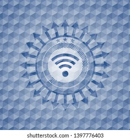 wifi signal icon inside blue emblem or badge with abstract geometric pattern background.