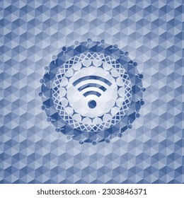 wifi signal icon inside blue emblem or badge with geometric pattern background. 