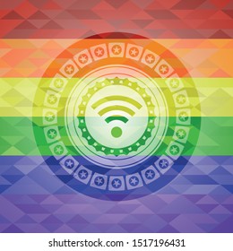wifi signal icon inside emblem on mosaic background with the colors of the LGBT flag