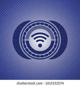 wifi signal icon inside emblem with jean texture