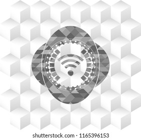 wifi signal icon inside grey emblem. Retro with geometric cube white background