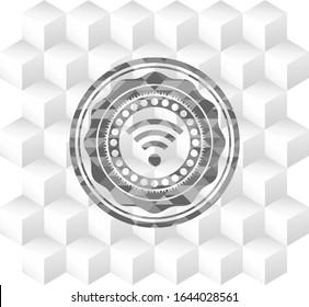 wifi signal icon inside grey emblem with cube white background