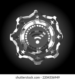 wifi signal icon inside grey camo emblem. 