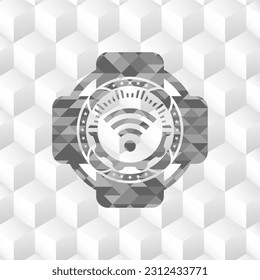 wifi signal icon inside grey badge with geometric cube white background. 