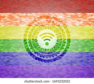 wifi signal icon inside lgbt colors emblem. 