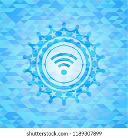 wifi signal icon inside light blue emblem with mosaic ecological style background