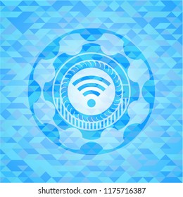 wifi signal icon inside realistic light blue mosaic emblem