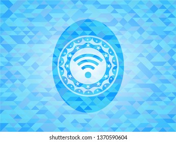 wifi signal icon inside realistic sky blue mosaic emblem