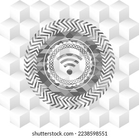 wifi signal icon inside realistic grey emblem with cube white background. 