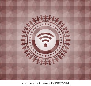 wifi signal icon inside red geometric pattern emblem. Seamless.