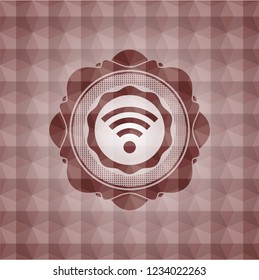 wifi signal icon inside red seamless emblem or badge with abstract geometric polygonal pattern background.