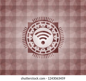 wifi signal icon inside red emblem or badge with abstract geometric pattern background. Seamless.