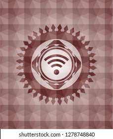wifi signal icon inside red seamless emblem or badge with abstract geometric pattern background.
