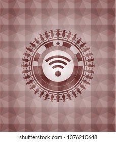 wifi signal icon inside red emblem with geometric background. Seamless.