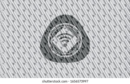 wifi signal icon inside silver badge. Scales pattern. Vector Illustration. Detailed.