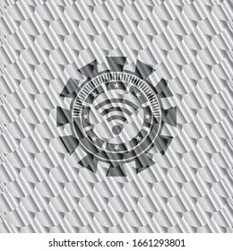 wifi signal icon inside silver badge. Scales pattern. Vector Illustration. Detailed.