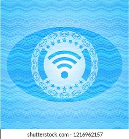 wifi signal icon inside sky blue water badge background.