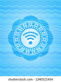wifi signal icon inside sky blue water badge.