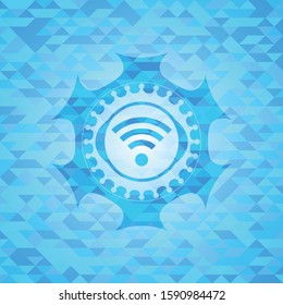 wifi signal icon inside sky blue mosaic emblem