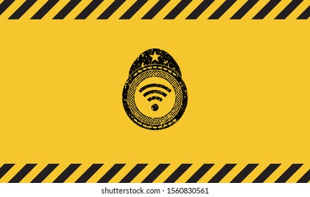 wifi signal icon inside warning sign, black grunge emblem. Vector Illustration. Detailed.