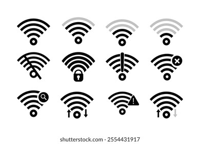 Wi-Fi Signal Icon Set – Connected, Disconnected, Signal Strength, Error, and Locked Icons