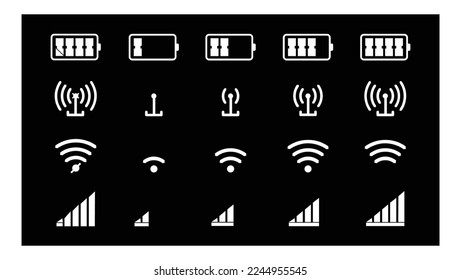 wifi signal icon set, mobile signal level icon Vector Illustration. Smartphone battery charge level, wifi signal strength icon and network connection levels 