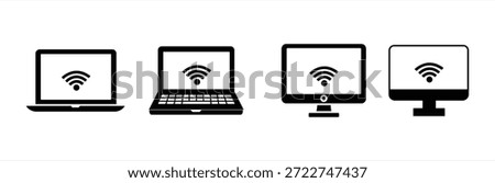 A Wi-Fi signal icon set on a computer screen in a linear style. A desktop PC monitor with a wireless network symbol. Vector illustration.