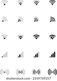 WiFi signal icon set: Wireless internet symbols showing connection strength, network bars for mobile, radio, and computer. Includes hotspot and antenna wave designs. Vector illustration.