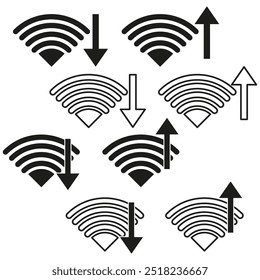 Iconos de señal WiFi. Descarga y flechas Cargar. Conexión fuerte y débil. Conjunto de tecnología de Vector.