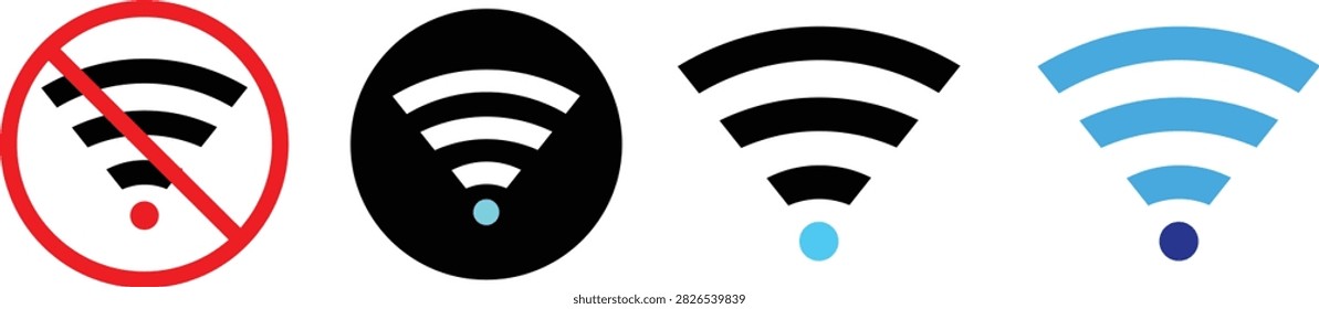 Wi-Fi signal level icon set, Wireless network connection status symbols vector illu, stration. Red black blue green wifi signal strength icons set. Mobile network elements collection