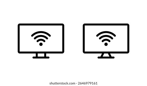 WIFI signal on computer monitor icon set in line style. Desktop PC screen with wireless network symbol