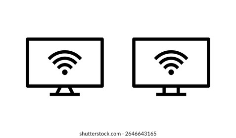 Señal WIFI en el icono de la pantalla del ordenador establecido en estilo de línea. Monitor de PC de escritorio con símbolo de red inalámbrica